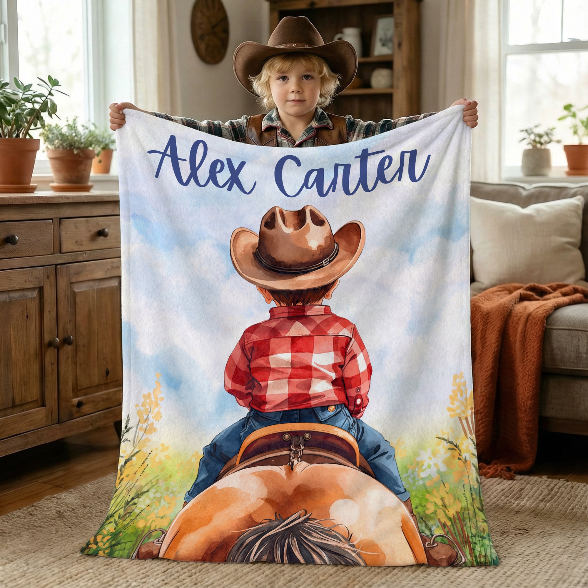 Manta Vaquera Personalizada con Nombre Decoración del Hogar Uso Diario Regalo de Cumpleaños para Niños Amantes de los Caballos