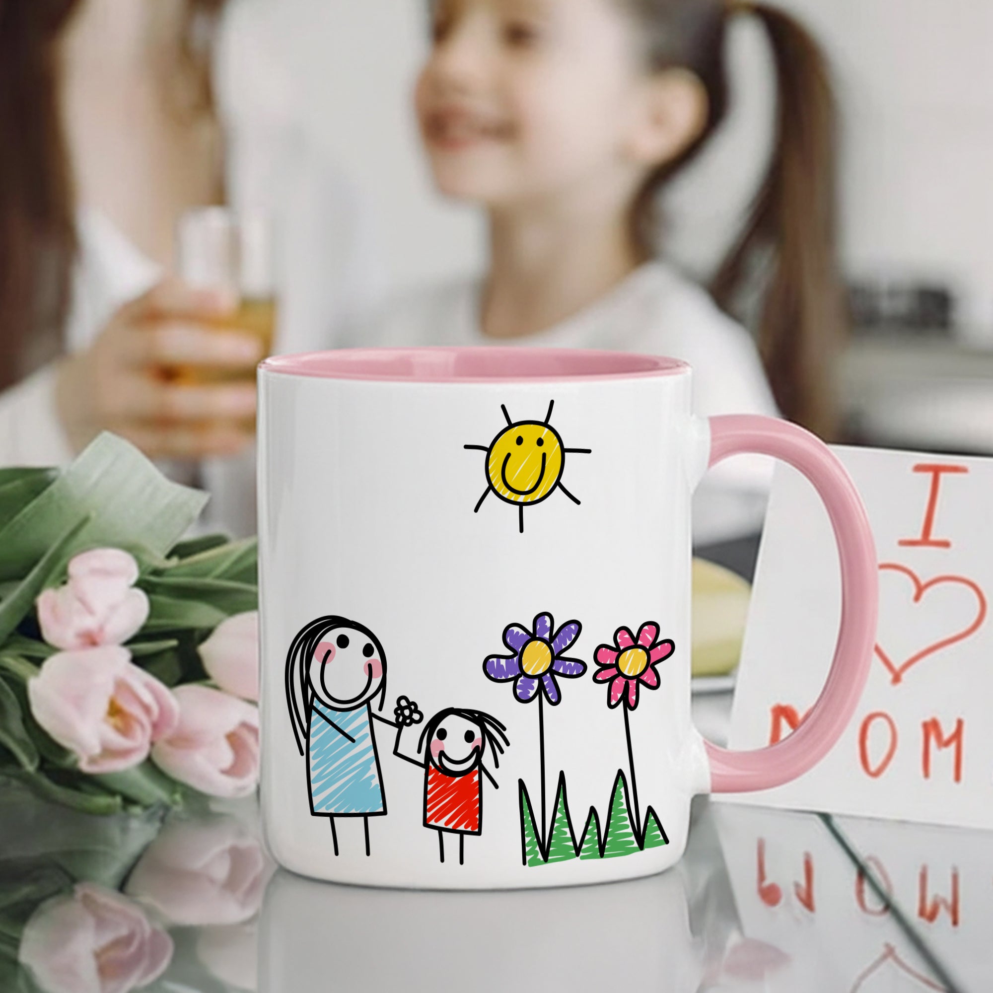 Taza de cerámica multicolor personalizada para niños dibujada a mano 11 oz Navidad Cumpleaños Aniversario Regalo para la familia