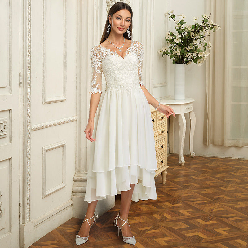 Bridal Wedding Dress Ivory 1 2 Sleeve Asymmetrical V-Neck A-line