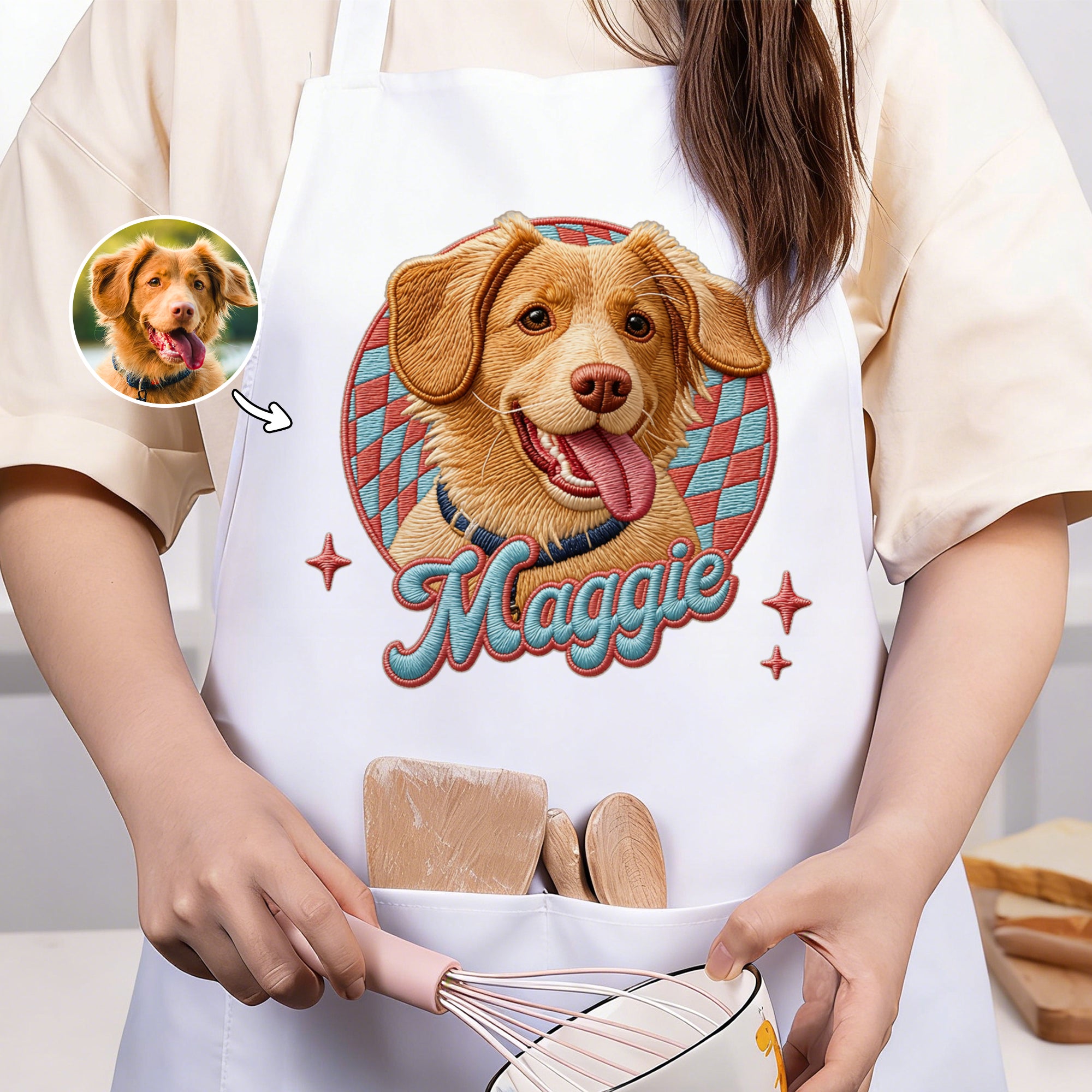 Delantal Personalizado con Foto de Mascota en Imitación de Tablero de Ajedrez Efecto Bordado y Nombre Regalo de Cumpleaños para los Amantes de las Mascotas