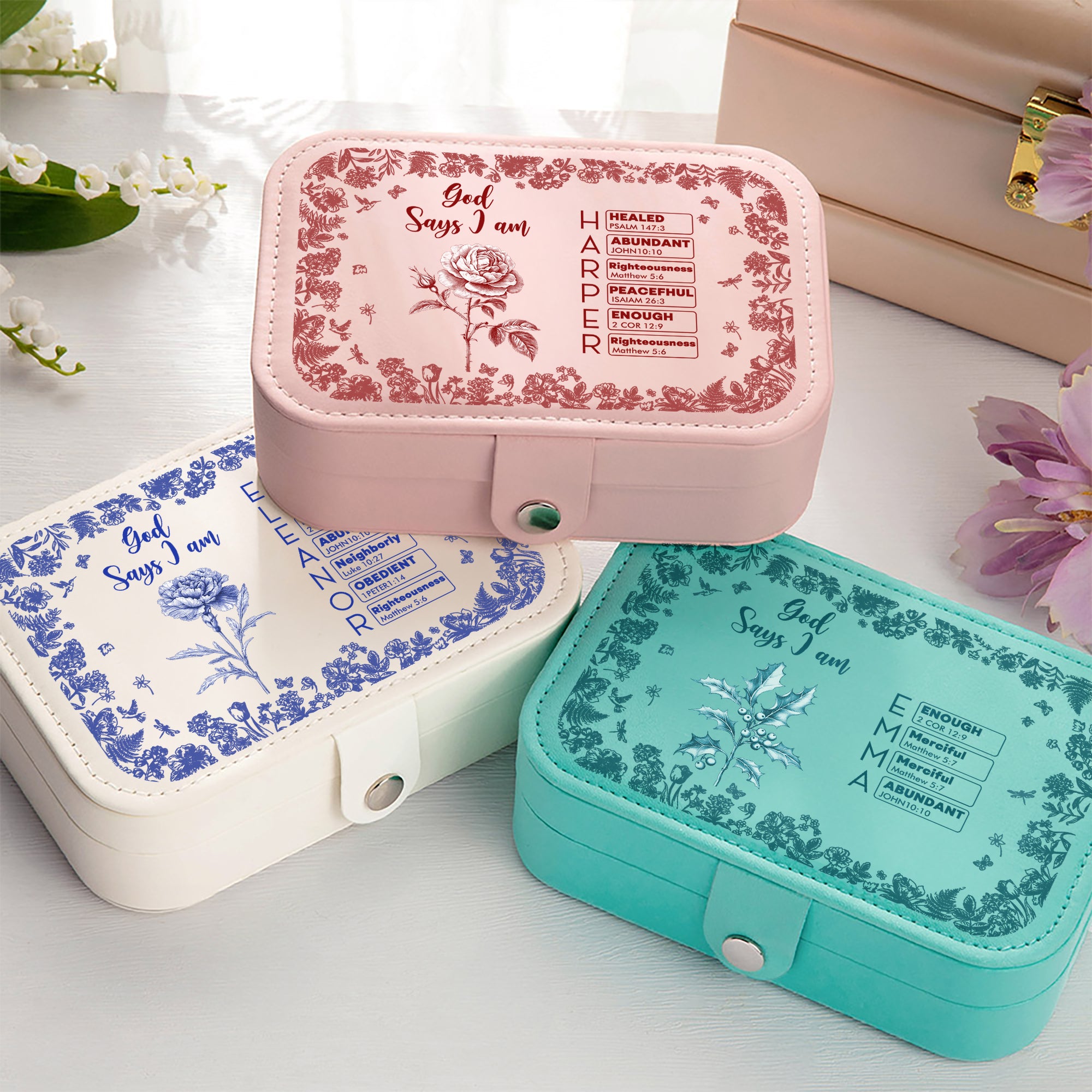 Personalizada Toile De Jouy Nacimiento Flor Biblia Capítulo Nombre PU Joyero de cuero Cumpleaños Regalo de Navidad para los cristianos Mujeres