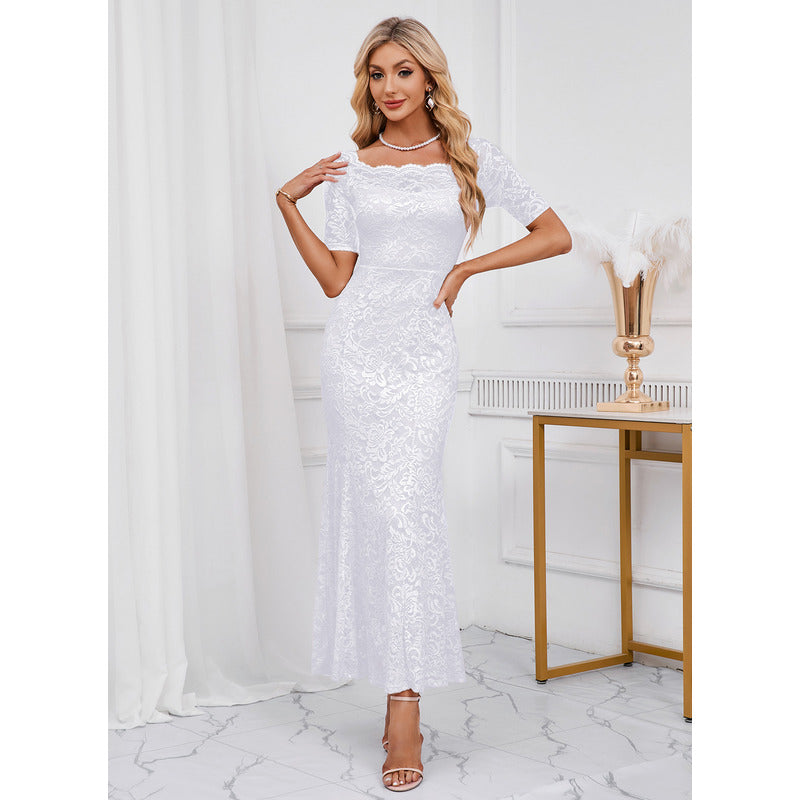 Bridal Wedding Dress White Short Sleeve Short Off the Shoulder Mermaid Lace