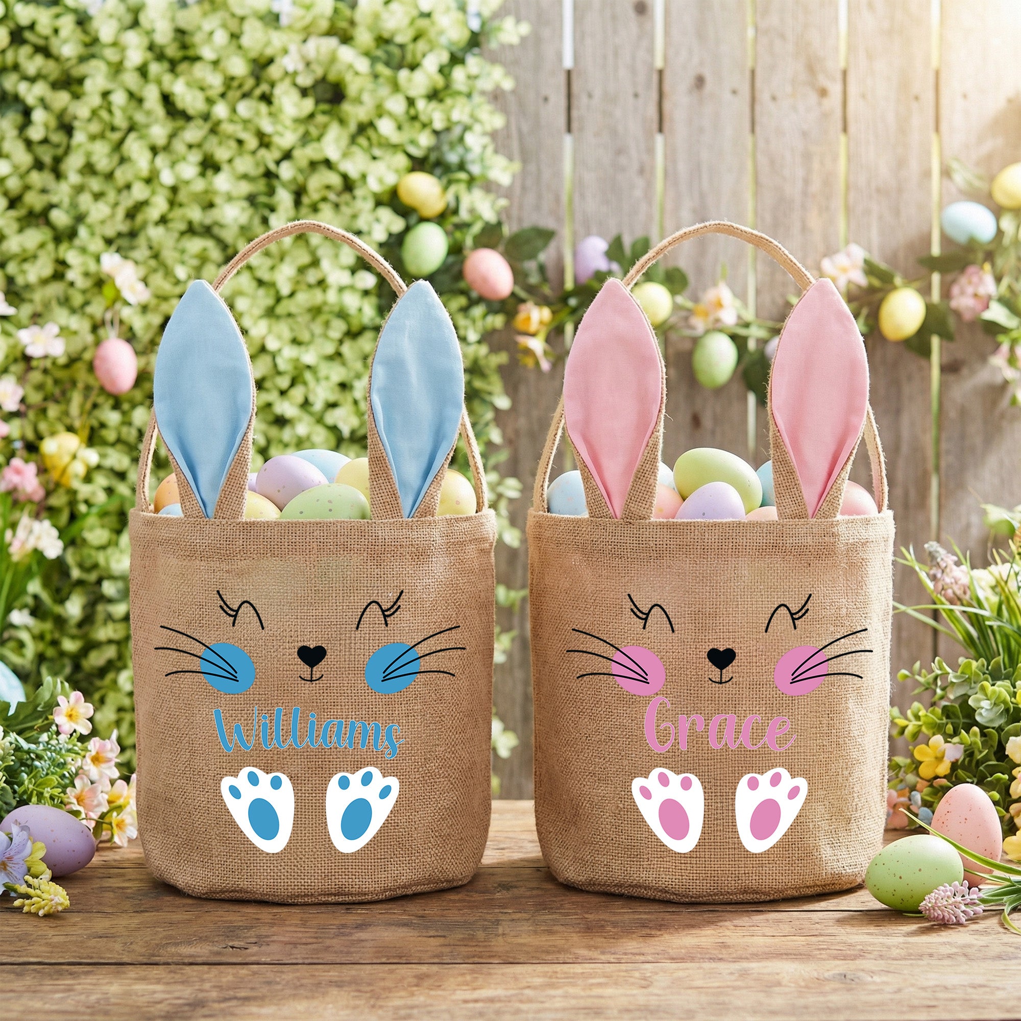 Cesta de yute personalizada con nombre y orejas de conejo para la caza de huevos de Pascua Fiesta de Pascua Regalo para niños pequeños