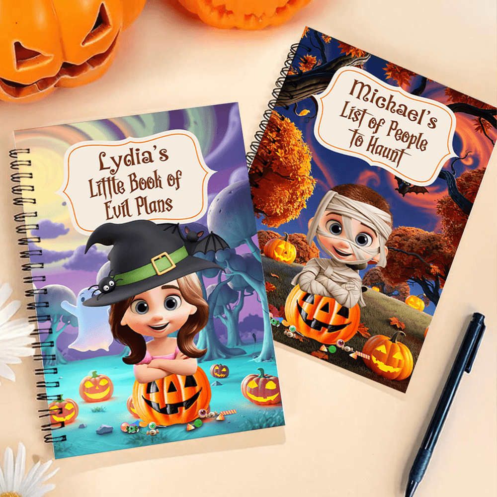 Libreta espiral A5 con nombre, título y 120 páginas rayadas Divertido disfraz de Halloween personalizado Personaje de dibujos animados en 3D Regalo de Halloween para niños Familia