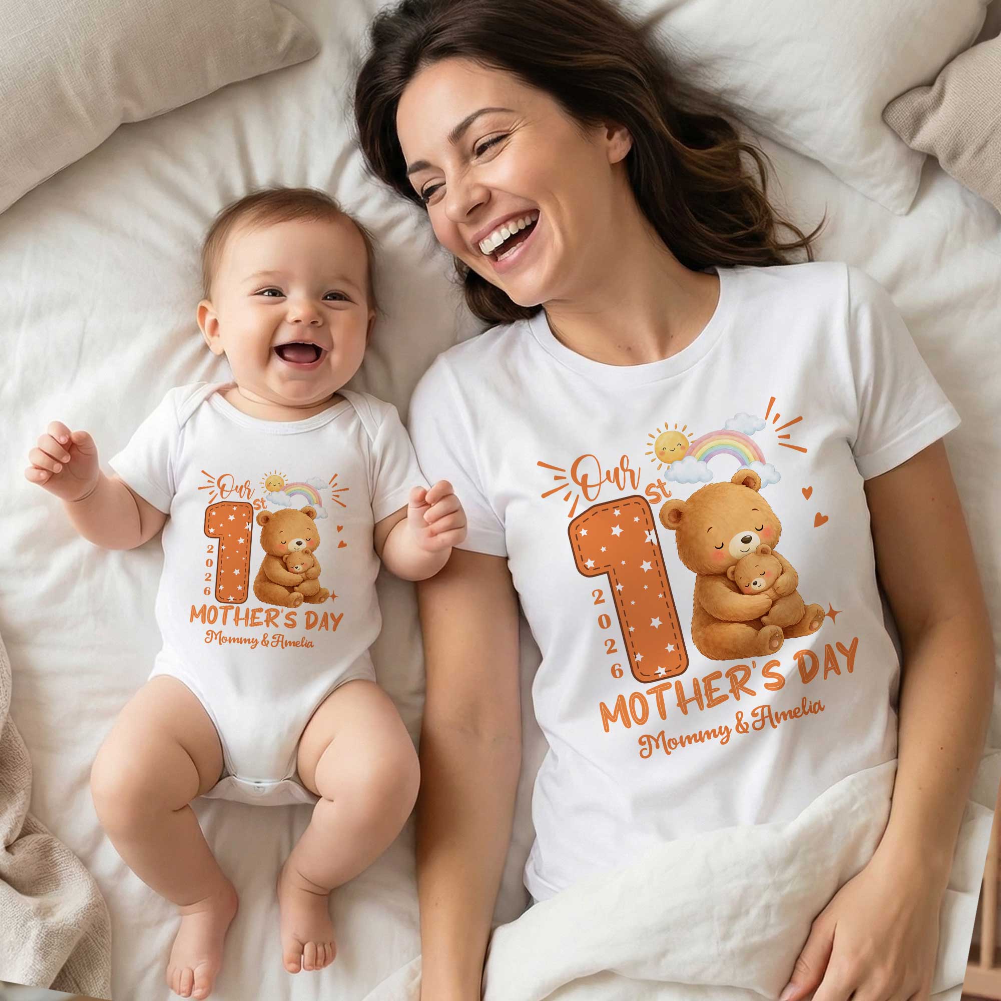 Personalizado 1er Día de la Madre Oso Animal Camiseta 100% algodón Body bebé a juego con nombres y año Regalo Día de la Madre para bebé mamá