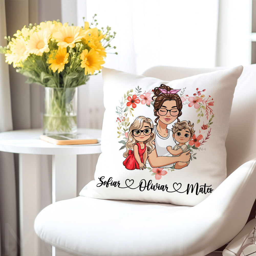 Guirnalda de corazones personalizada Mamá de dibujos animados y 1-2 niños Funda de cojín suave con nombres Decoración del hogar Regalo del Día de la Madre para mamá