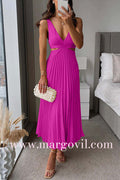 7 Colors Chicest V Neck Cut Out Waist Sleeveless Pleated Maxi Dress