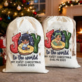 Joy To The World My First Christmas Bolsa de regalo de lona con cordón personalizada con nombre y año Regalo de Navidad para recién nacidos