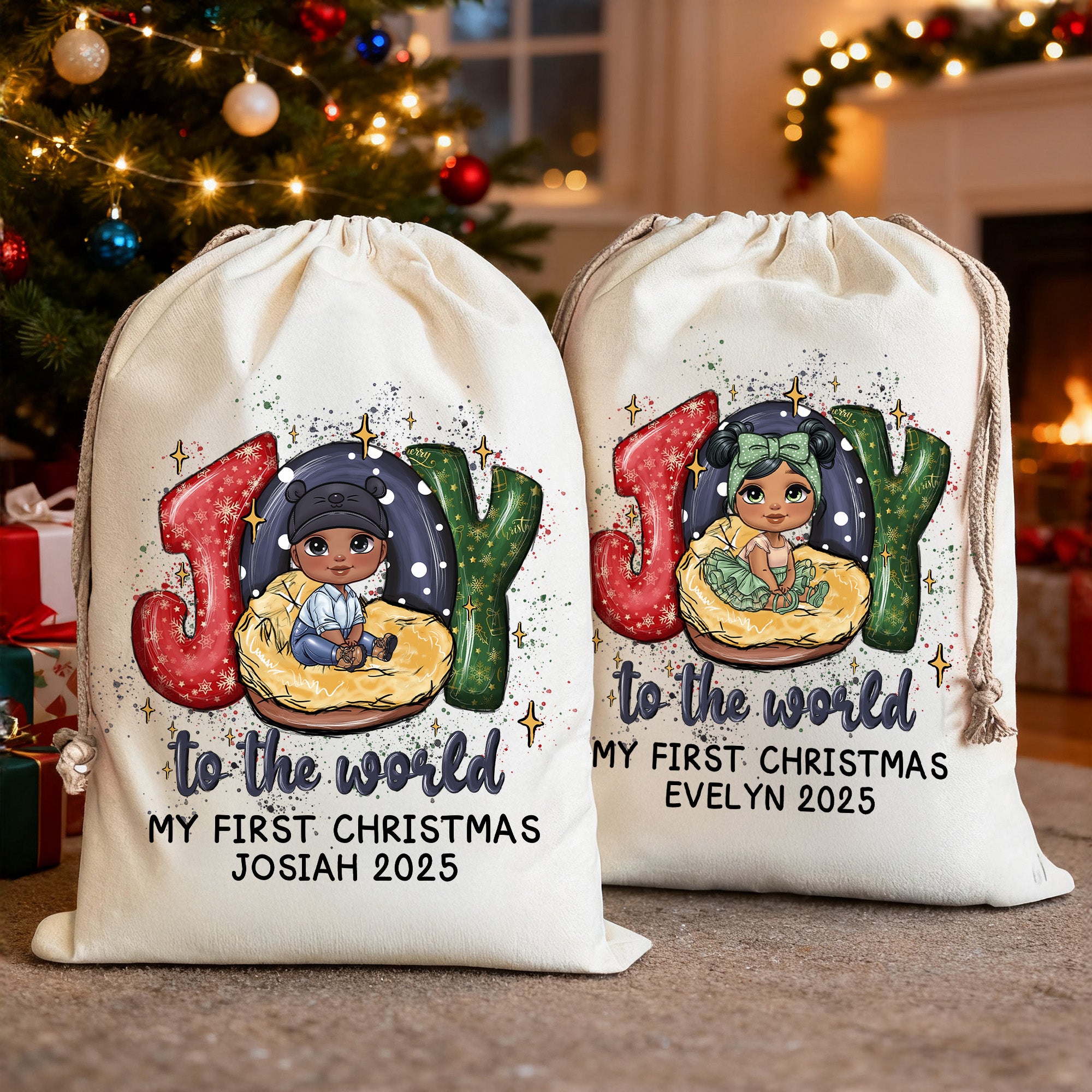 Joy To The World My First Christmas Bolsa de regalo de lona con cordón personalizada con nombre y año Regalo de Navidad para recién nacidos