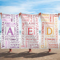 Toalla de playa de microfibra de secado rápido personalizada con nombre en color Nube de palabras con inicial Vacaciones Playa Viaje Accesorios Cumpleaños Regalo para familia Amigos