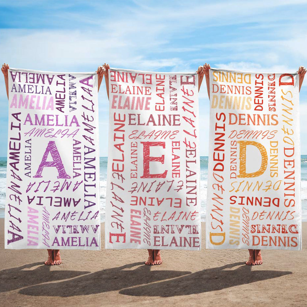 Toalla de playa de microfibra de secado rápido personalizada con nombre en color Nube de palabras con inicial Vacaciones Playa Viaje Accesorios Cumpleaños Regalo para familia Amigos