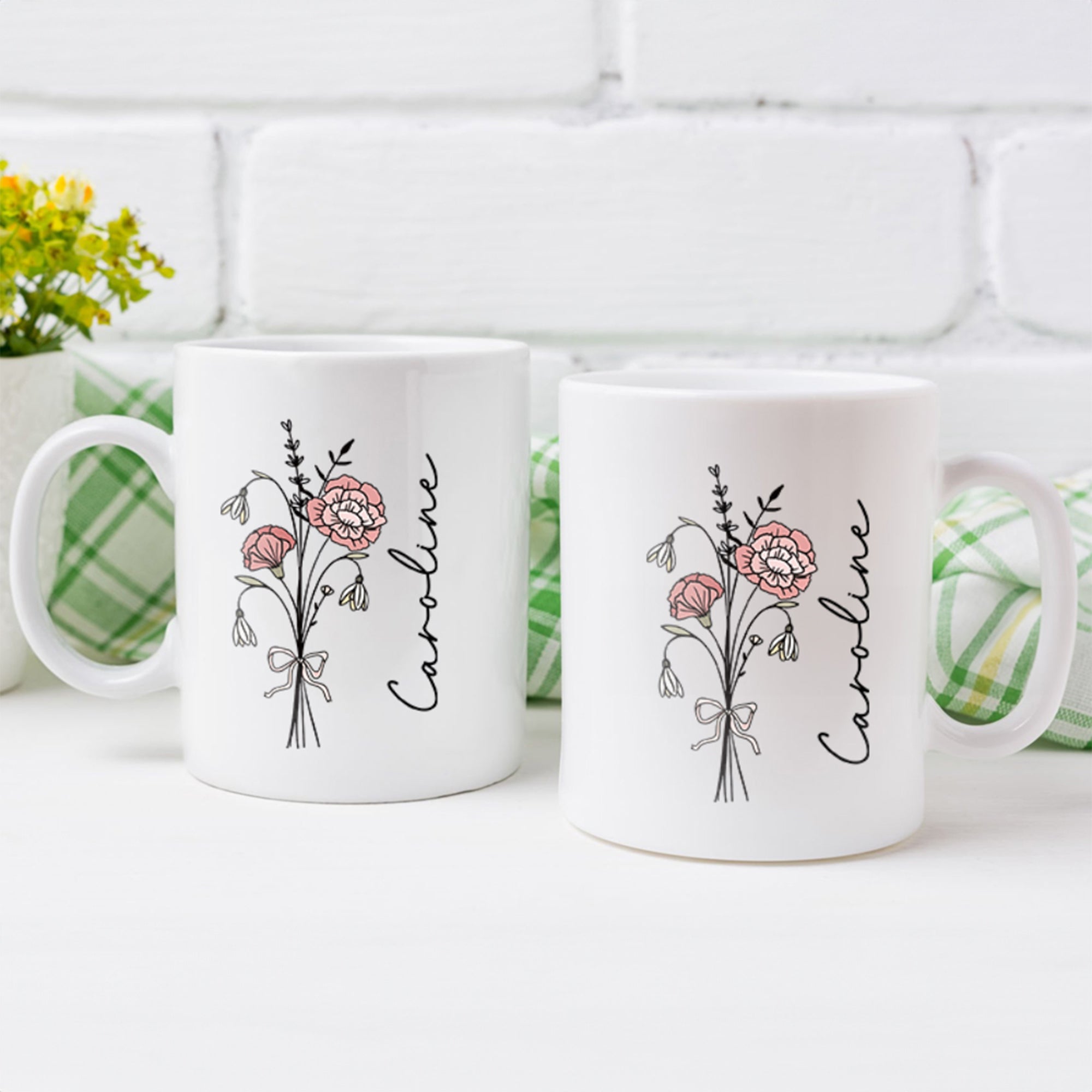 Personalizada Nacimiento Flor Bouquet 11 oz 15 oz Taza de café de cerámica con nombre de uso diario Cumpleaños Navidad Regalo para la familia amigo