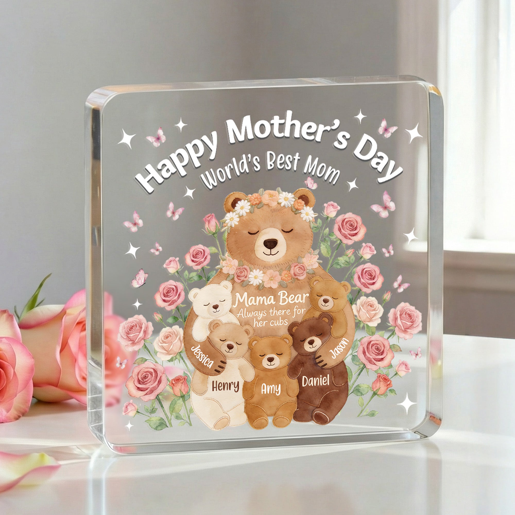 Placa Acrílica Cuadrada Personalizada Acuarela Padre Hijo Oso Floral con 1-5 Nombres Regalo del Día de la Madre para Mamá Abuela