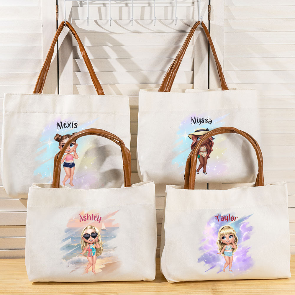 Personalizada Verano Brillante Moda Dibujos animados Niña Bolsa de lona grande con asa de cuero Playa Vacaciones Accesorios Cumpleaños Regalo para Niñas Mujeres