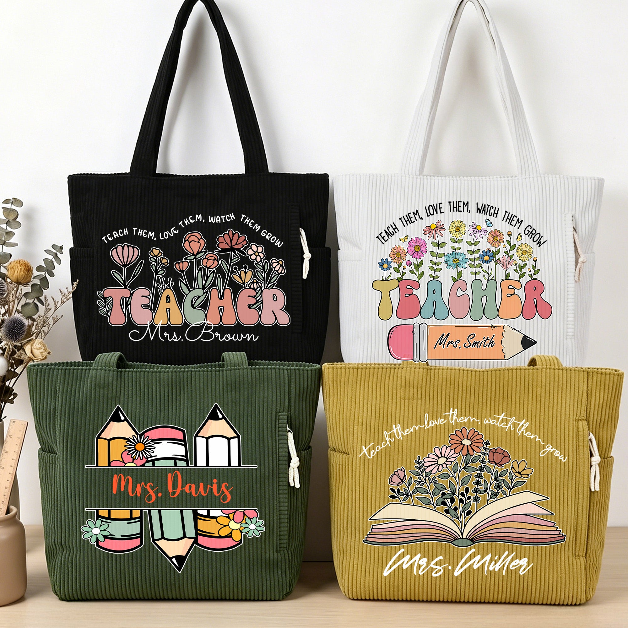 Bolsa de pana personalizada con estampado de flores y texto de uso diario Regalo para profesores en el Día del Profesor