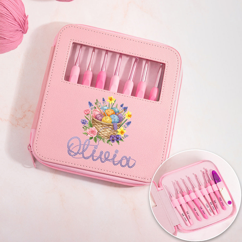 Cesta de hilos personalizada con nombre Ganchillos Juego de 8 piezas con estuche y tijeras Regalo de cumpleaños para ganchillera
