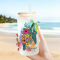 Vaso esmerilado de 20 oz con pajita con nombre y tapa de bambú Personalizado Acuarela Floral Tortuga Marina Regalo de viaje Cumpleaños Vacaciones para familia Amigos