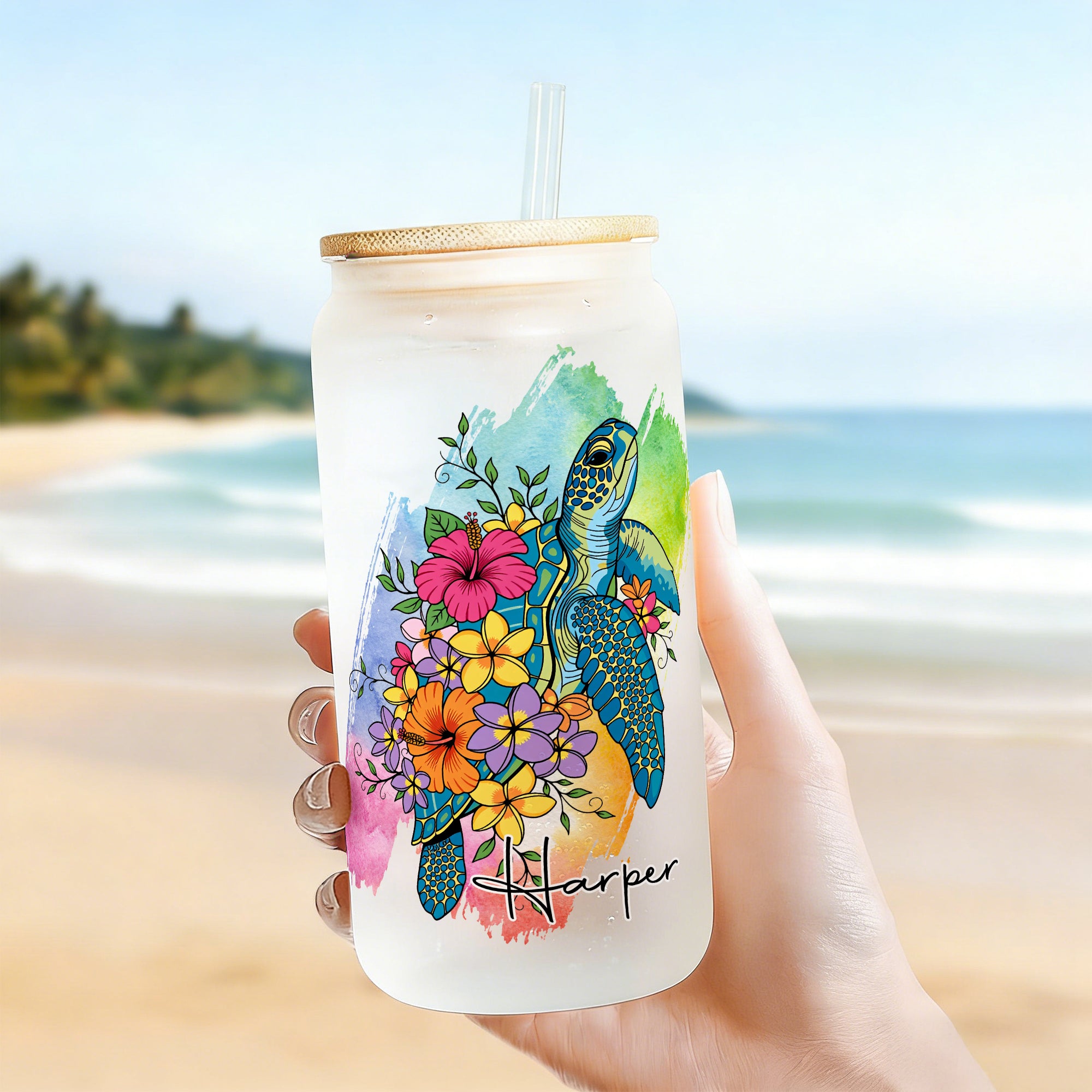 Vaso esmerilado de 20 oz con pajita con nombre y tapa de bambú Personalizado Acuarela Floral Tortuga Marina Regalo de viaje Cumpleaños Vacaciones para familia Amigos