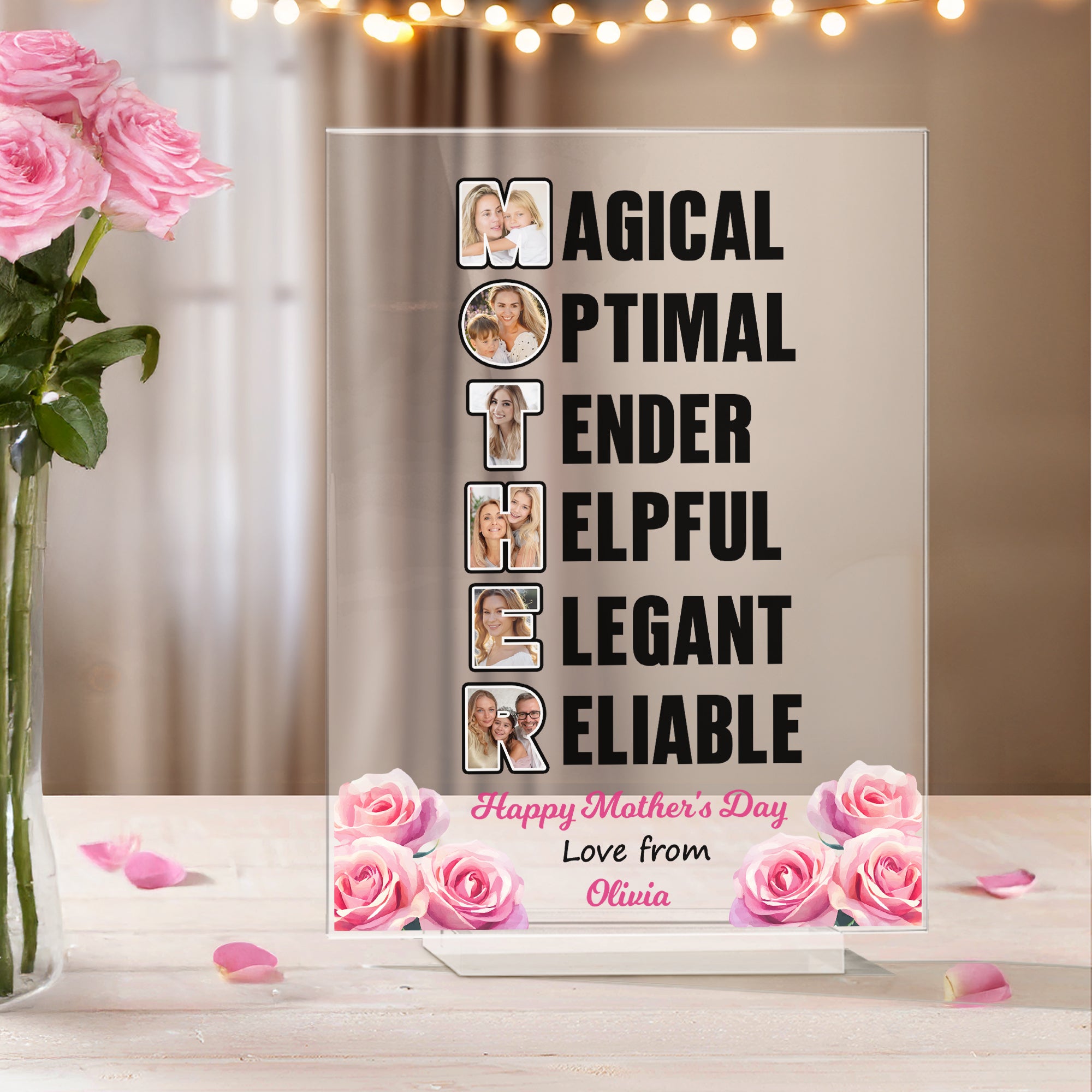 Personalizada 1-6 Fotos Rosa Patrón Placa de acrílico con nombre y texto Día de la Madre Cumpleaños Regalo para Mamá Abuela