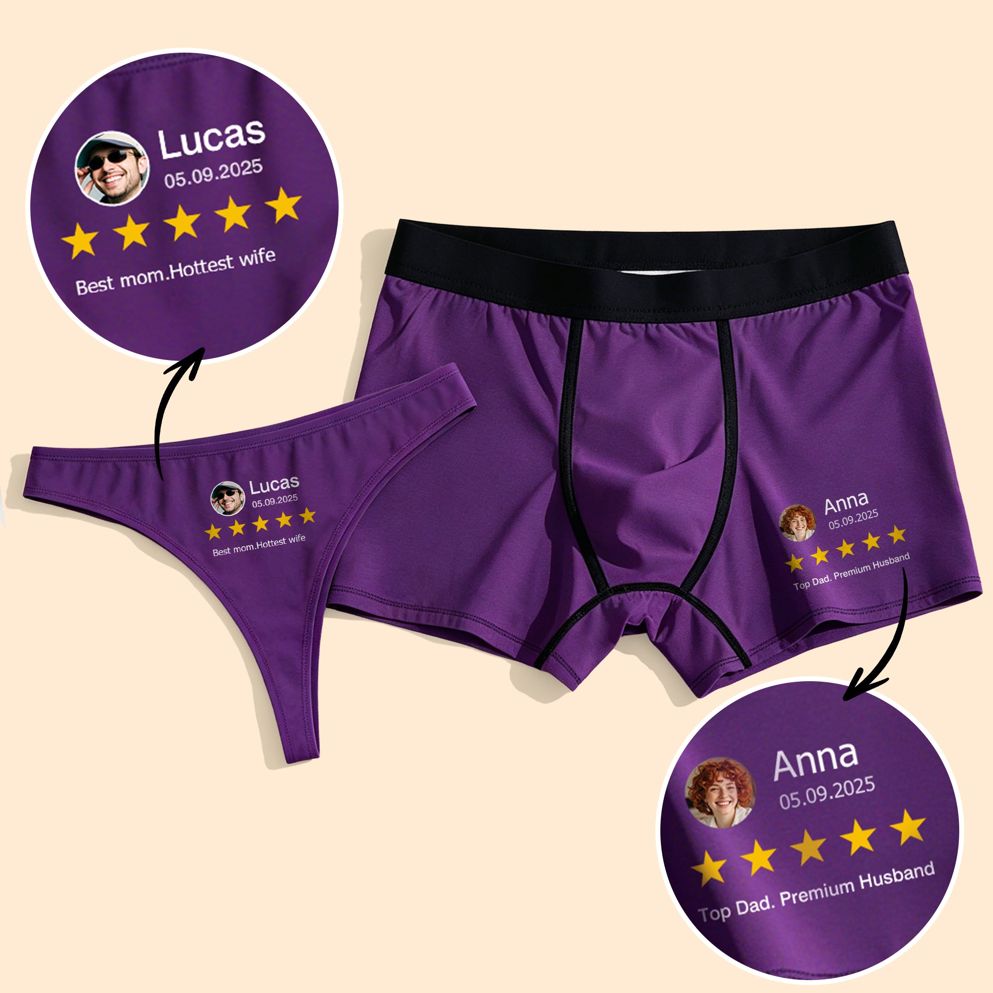 Personalizado Cinco Estrellas Revisión Foto Transpirable Pareja Tanga Boxer Calzoncillos Set con Nombre Fecha y Texto Cumpleaños Aniversario Regalo para Hombres Mujeres
