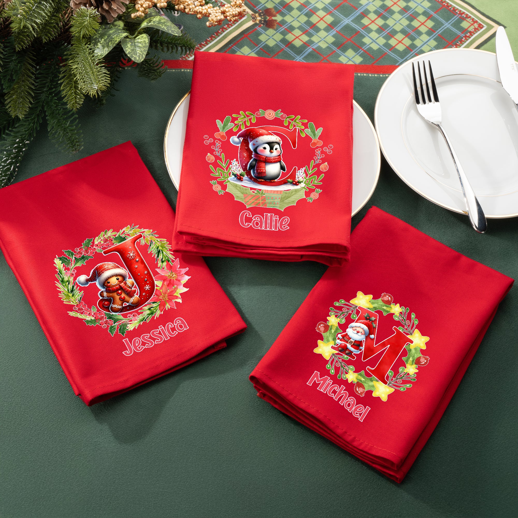 Guirnalda personalizada Lindo personaje de Navidad Inicial 100% Algodón Reutilizable Servilleta Roja con Nombre Decoración de Mesa Regalo de Navidad para la Familia Amigo