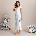 Bridal Wedding Dress White Cap Sleeve Short V-Neck Mermaid Velvet