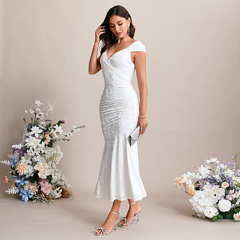 Bridal Wedding Dress White Cap Sleeve Short V-Neck Mermaid Velvet
