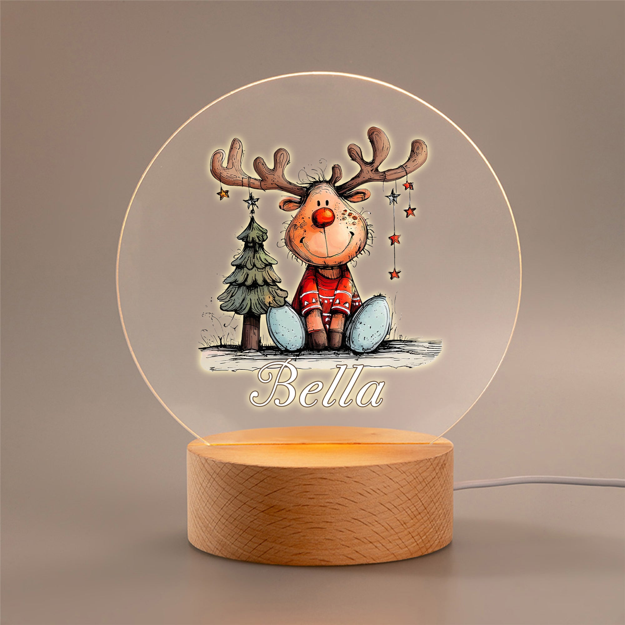 Lindo reno de dibujos animados personalizado Luz nocturna LED con nombre que brilla suavemente y base de madera Decoración de habitación infantil Regalo de Navidad para niños