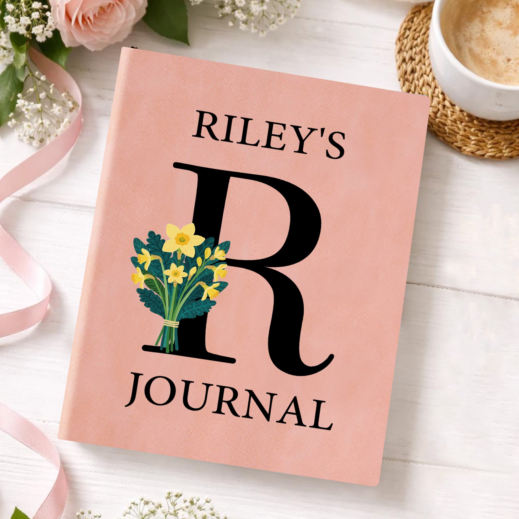 Personalizada Nacimiento Flor Ramo Inicial A5 Cuaderno de cuero con nombre Material de Oficina Regalo de cumpleaños para la familia Amigos