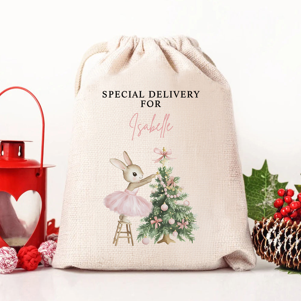 Árbol de Navidad Personalizado Lindo Conejo Rosa Santa Bolsa de Regalo con Nombre Fiesta de Navidad para Niños Familia Amigos