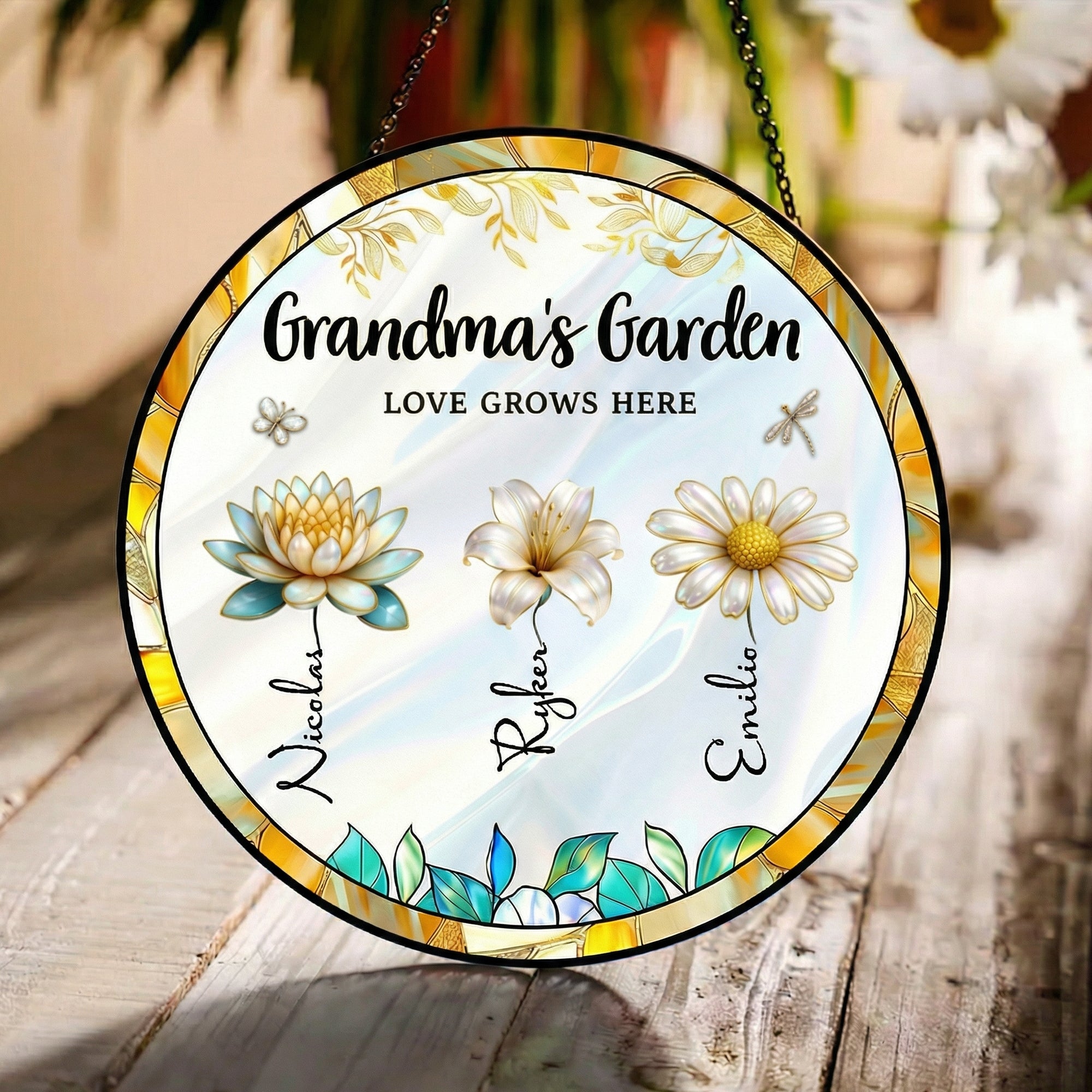 Personalizado Nacimiento Flor Sun Catcher Adorno de cristal acrílico con el nombre y la ventana de diamantes Decoración Regalo de cumpleaños para mamá abuela