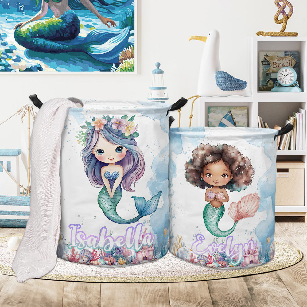 Cesto de la ropa personalizable con nombre y asa de sirena de fantasía Decoración de cuarto de niños Regalo de cumpleaños para niñas