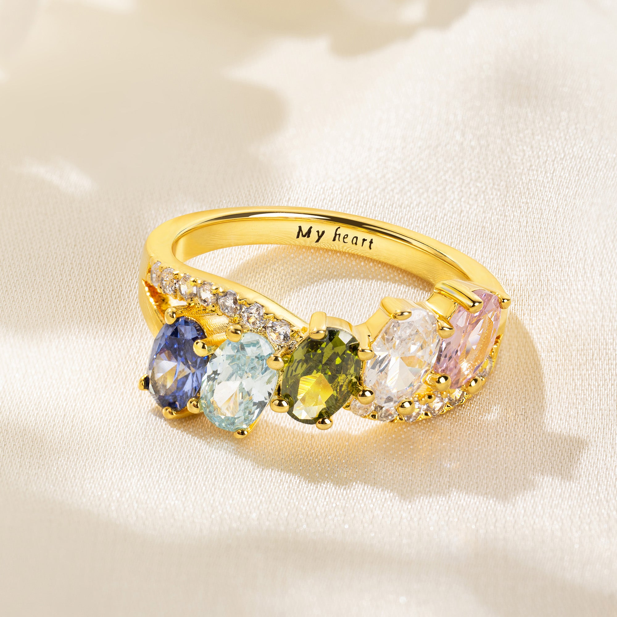 Anillo personalizado de plata de ley con 1-6 piedras de nacimiento y texto grabado Joyería delicada Aniversario Cumpleaños Día de la Madre Regalo para mujer
