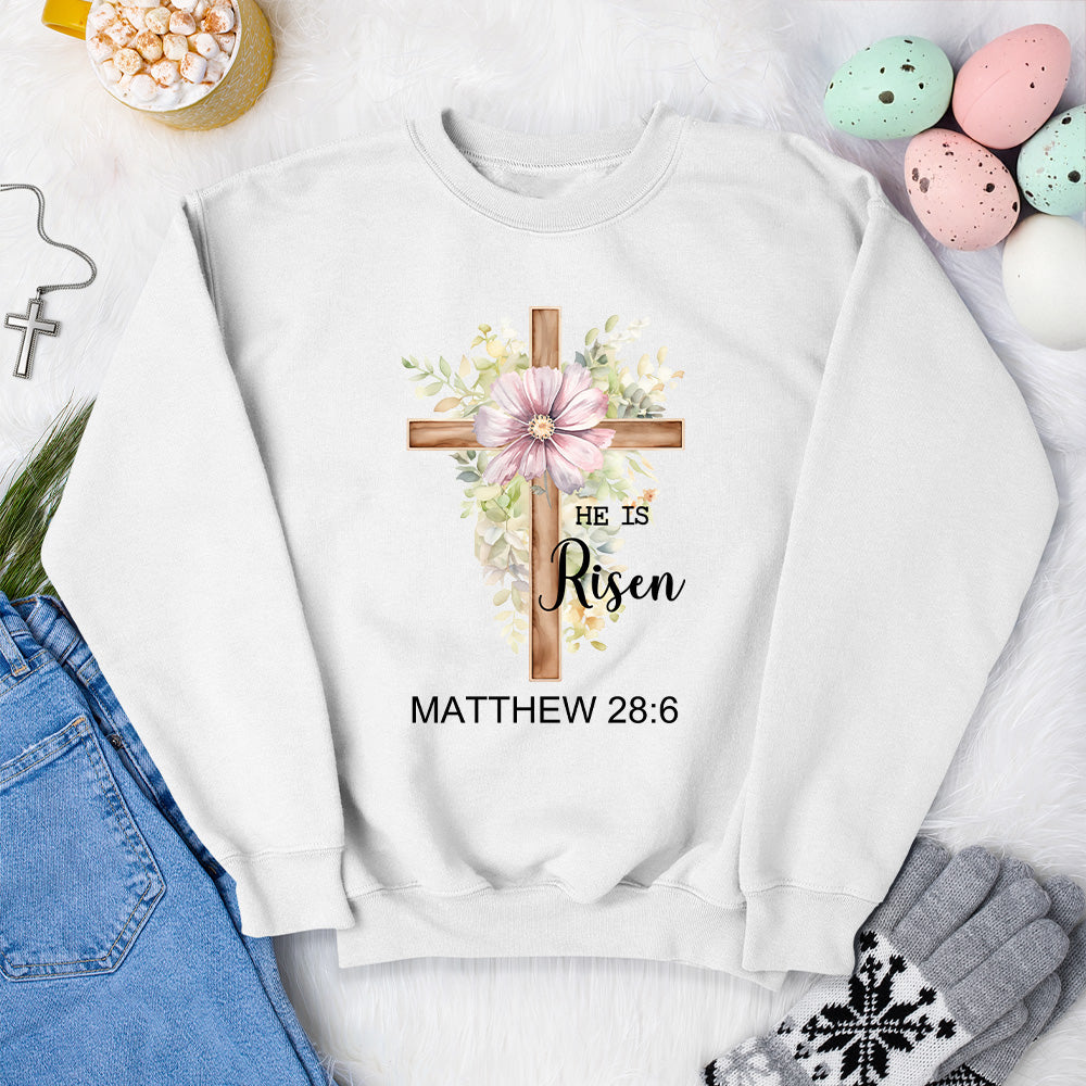 Sudadera personalizada He Is Risen Bible Verse Jesus Sweatshirt with Cross and Birth Flower Religious Easter Christmas Gift for Kid Adult Christian
