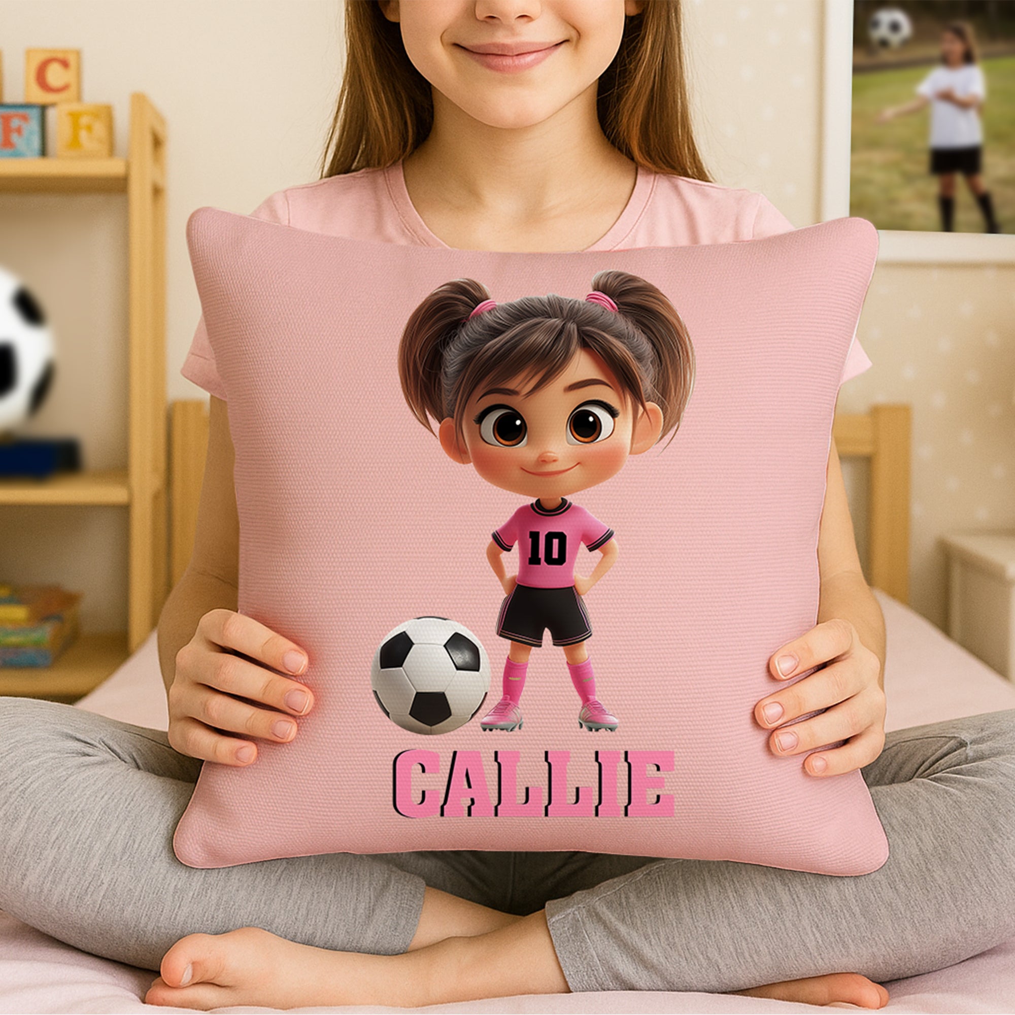 Funda de cojín personalizada con el nombre y el número de un personaje de fútbol en 3D, regalo de cumpleaños para niños y niñas.