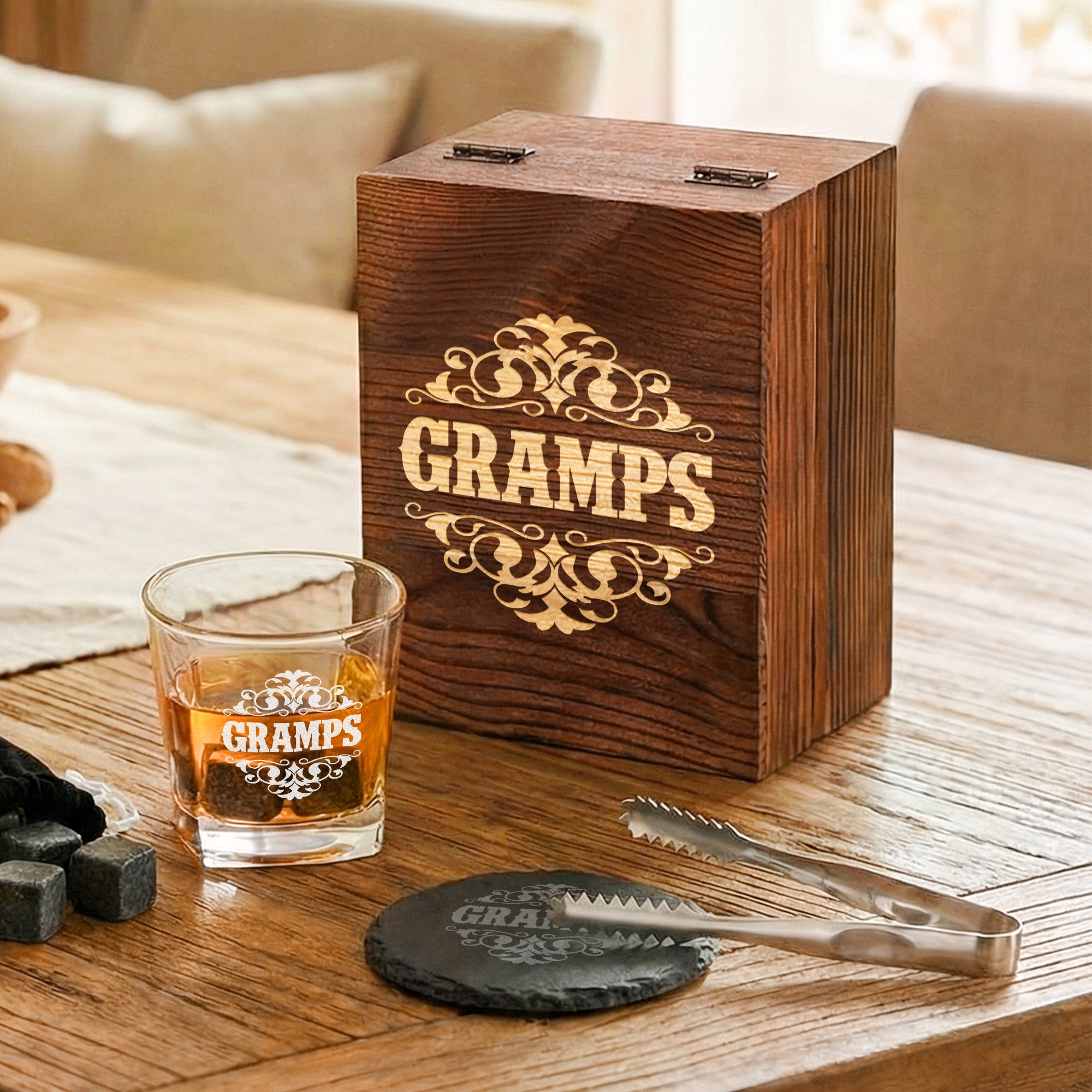 Personalizado Retro Título Patrón Whisky Glass 4 Piedras Caja de Madera Set Día del Padre Cumpleaños Aniversario Regalo para Hombres
