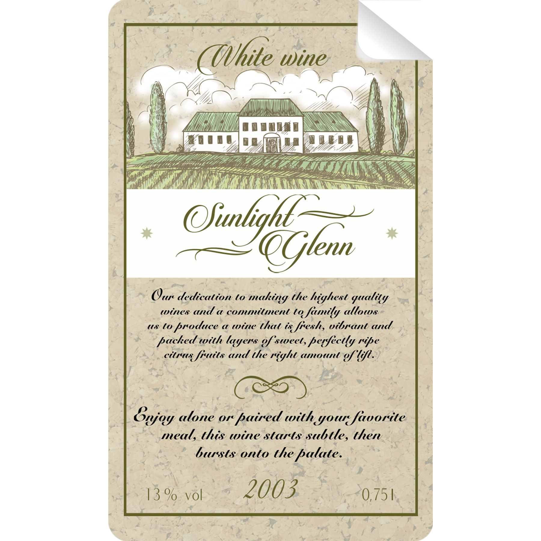 Sunlight Glenn Wine Bottle Self Prop Adhesive Label By Prop Money Inc.
