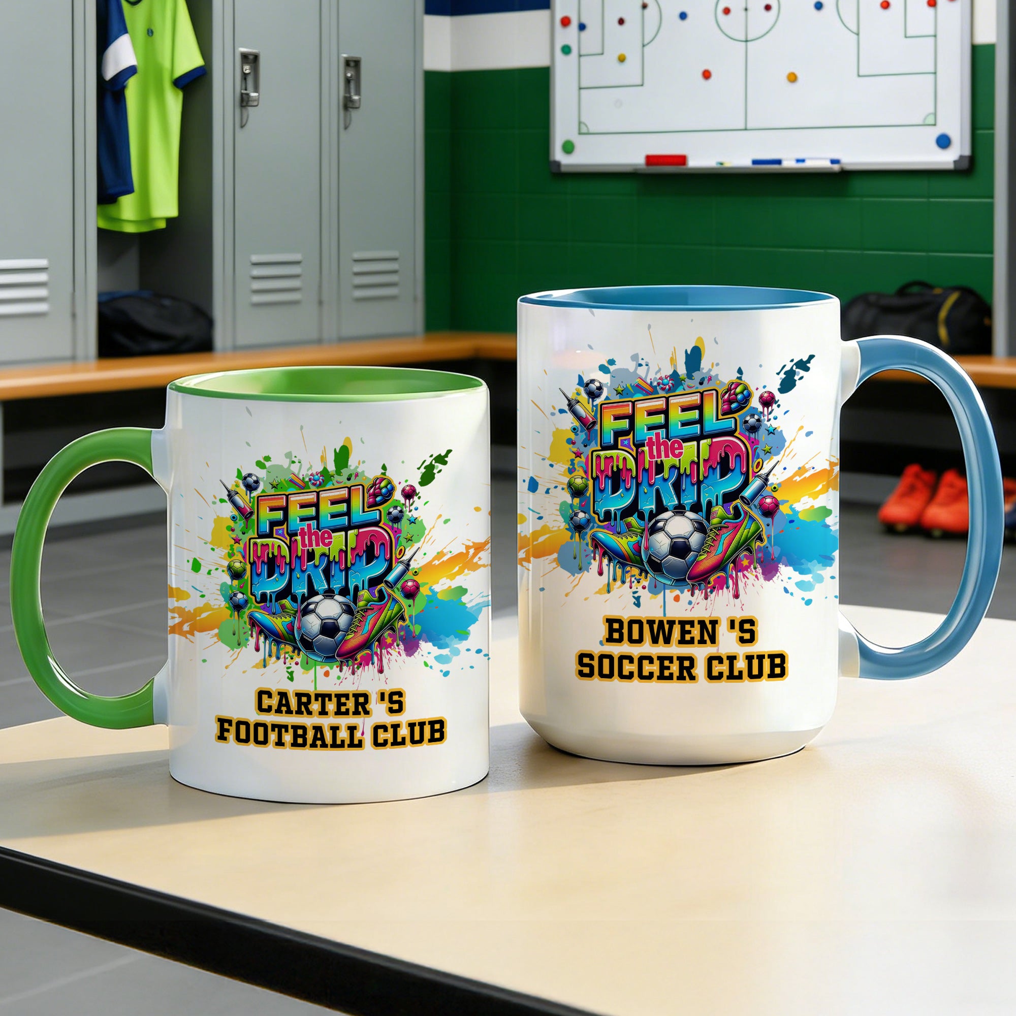 Taza de cerámica personalizada Street Style Soccer Club 11 oz 15 oz Posavasos con texto y nombre Día del partido Regalo de cumpleaños para los amantes del fútbol