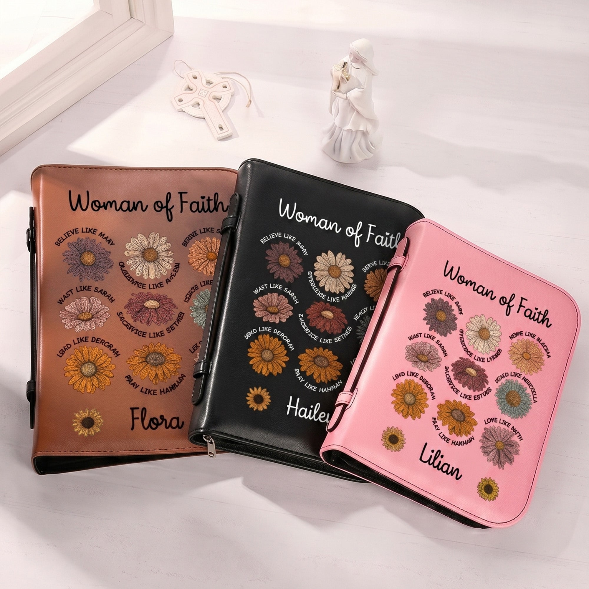 Personalizada Mujer de la Fe Versículos de la Biblia Flor de cuero de la PU Biblia cubierta del libro con el nombre de cremallera y asa de bautismo religioso regalo de cumpleaños para los cristianos