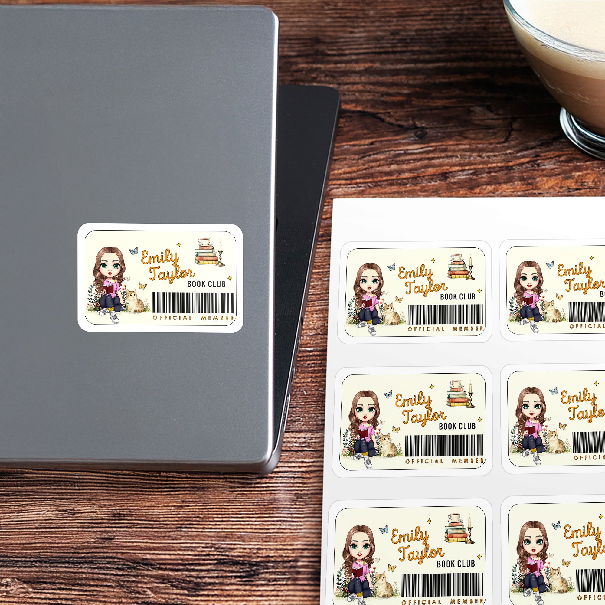 Etiqueta de código de barras personalizada Personaje de lectura de dibujos animados Pegatinas impermeables con nombre Club de lectura Regalo de cumpleaños para mujeres ratones de biblioteca Amantes de