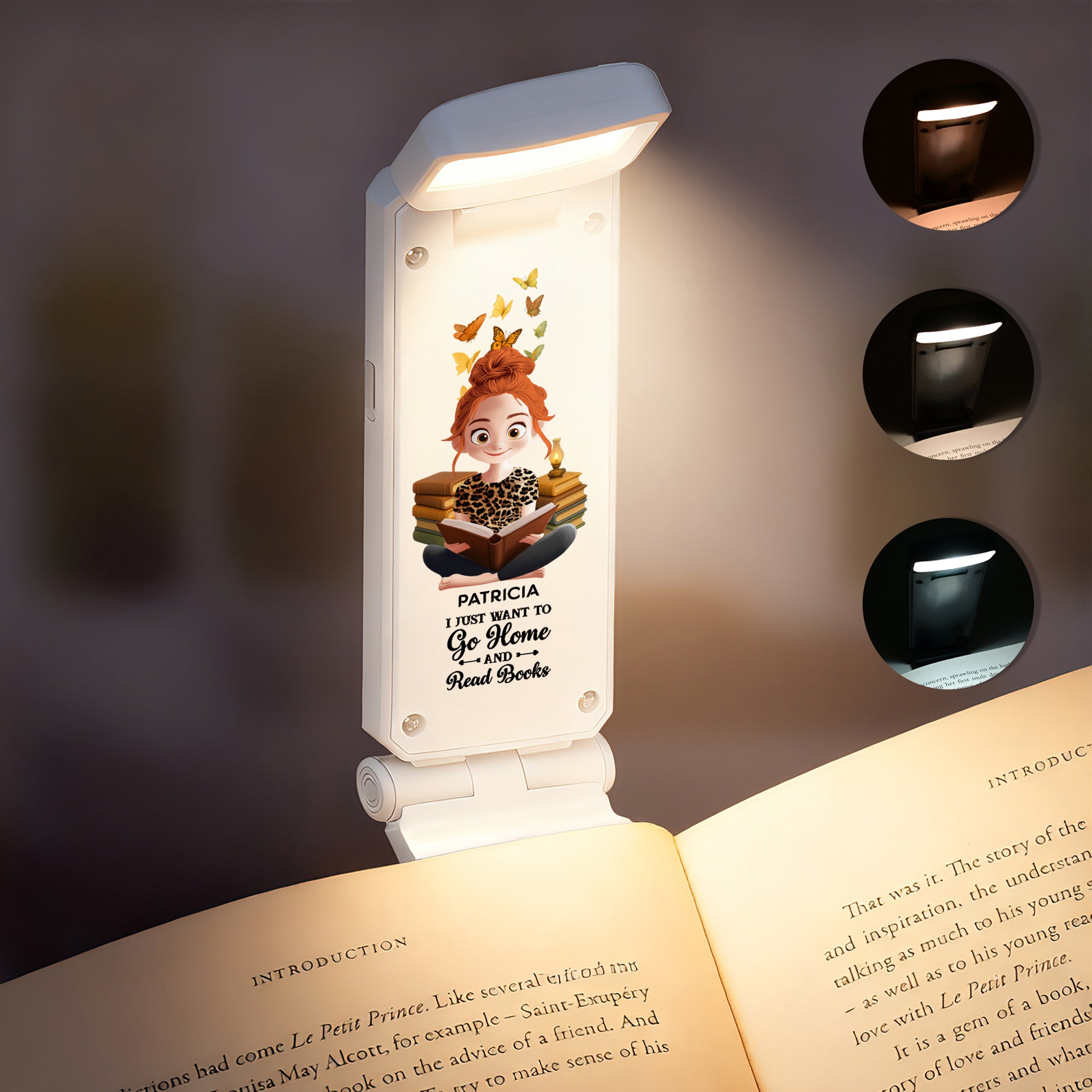 Lámpara de lectura recargable LED personalizada de plástico con personaje de dibujos animados de mariposa y nombre regalo de cumpleaños para lectores