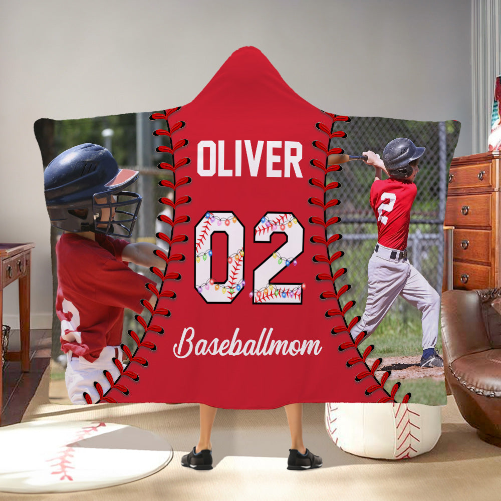 Árbol de Navidad de béisbol personalizado Foto suave manta con capucha con nombre y texto Temporada de béisbol Navidad Cumpleaños Regalo para los amantes del béisbol