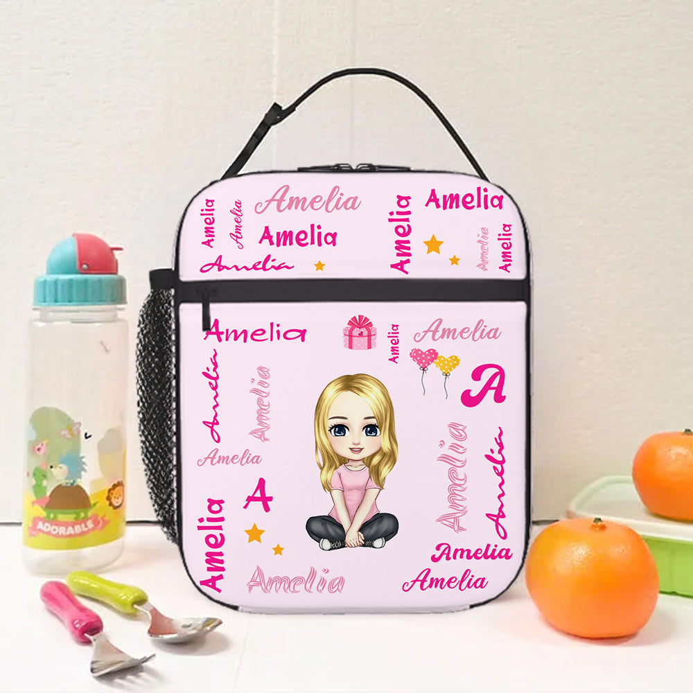 Bolsa isotérmica personalizada con iniciales de personajes de dibujos animados y nombre Regalo de cumpleaños de vuelta al cole para niños y niñas