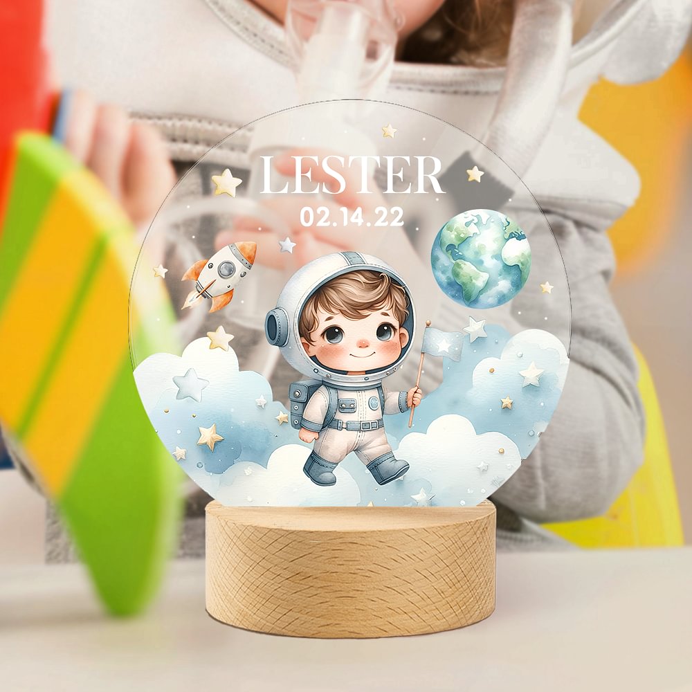 Astronauta Personalizado Planeta Espacial Cohete Estrella LED Acrílico Luz de Noche con Nombre y Base de Madera Cumpleaños Día del Niño Regalo para Niños
