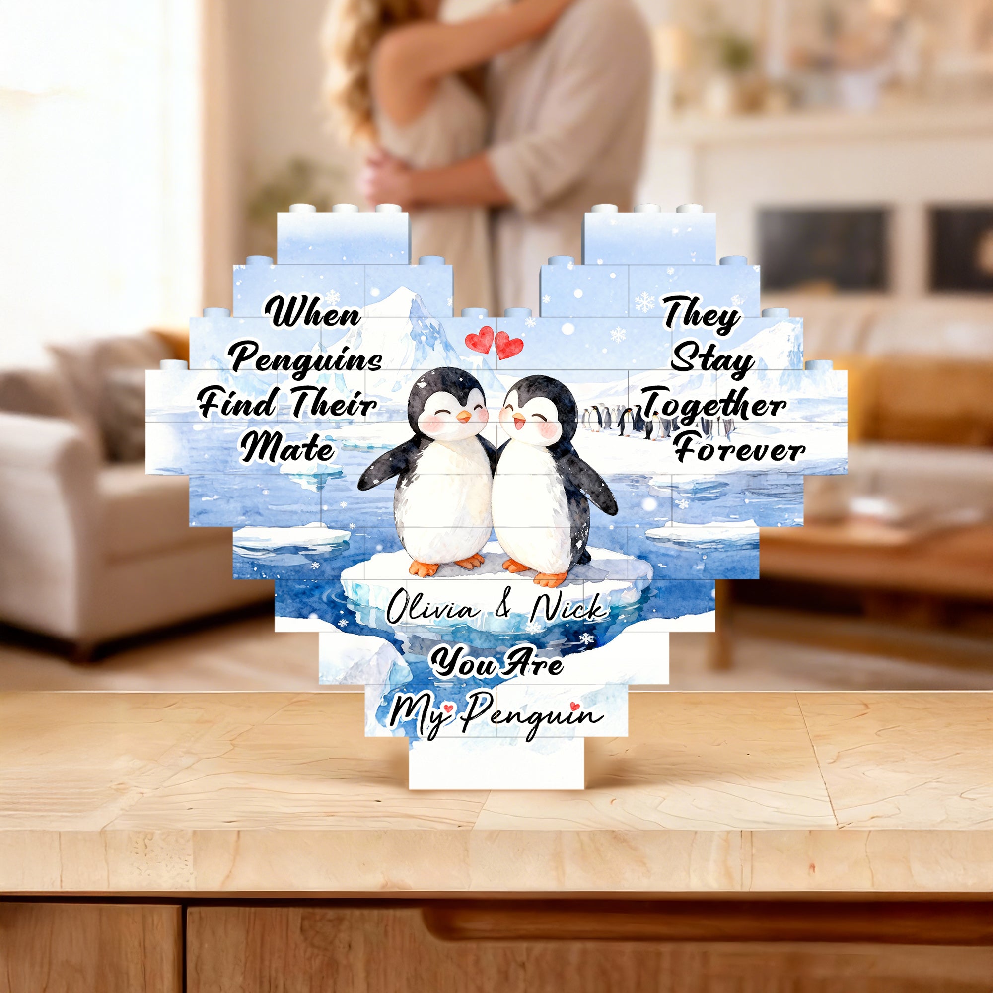 Pingüino Personalizado Rompecabezas de Ladrillos de Construcción en Forma de Corazón Aniversario Regalo de San Valentín para Pareja
