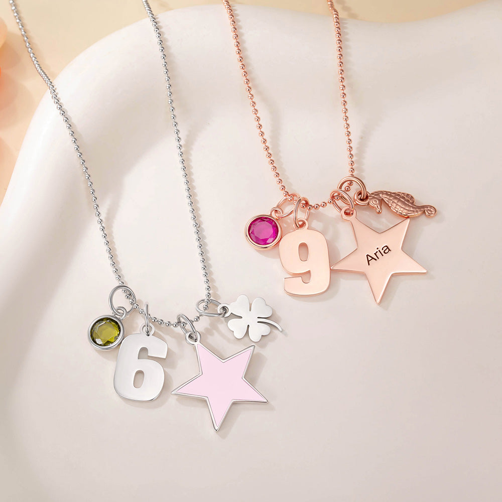 Personalizada Estrella Corazón Caballito de mar Bailarina Colgante Collar de cadena de cuentas con el número de piedra de nacimiento y nombre grabado Regalo de cumpleaños para niños Niñas