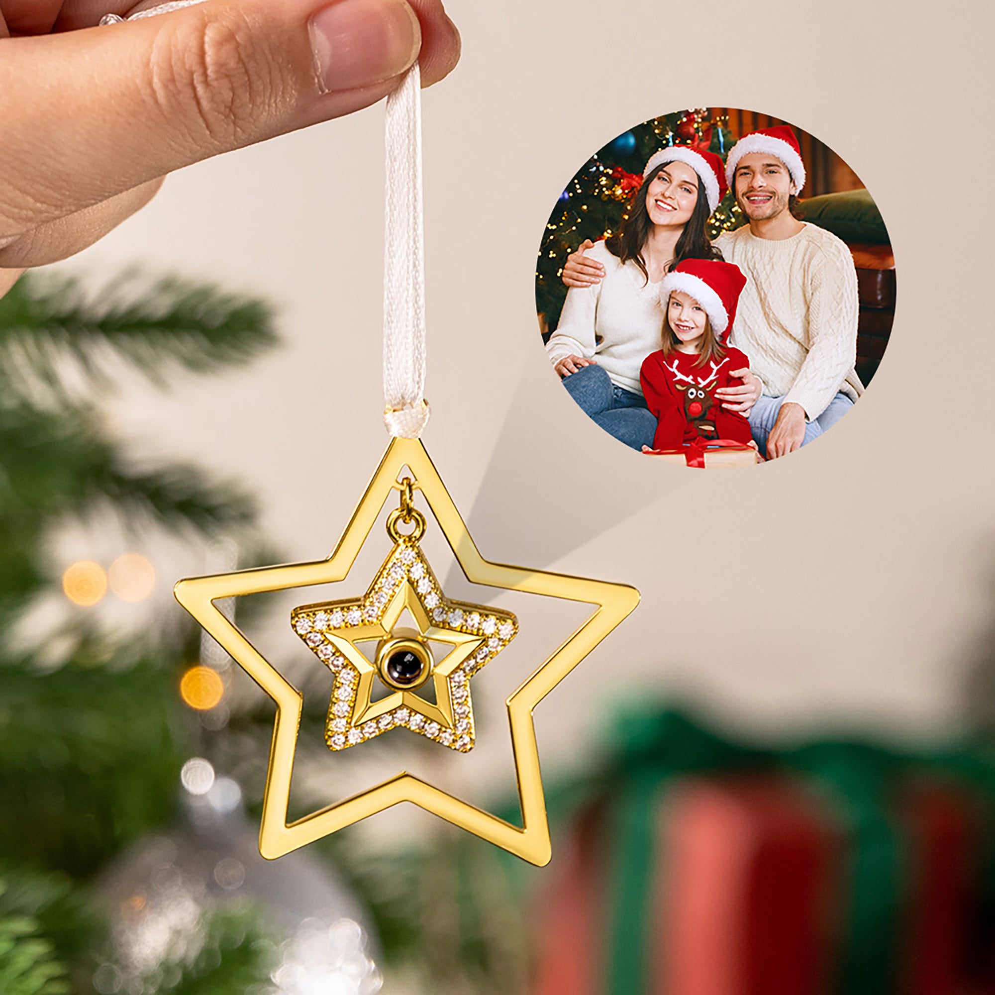 Ornamento personalizado de la proyección de la foto de la estrella Regalo de la fiesta de Navidad para el amigo de la familia