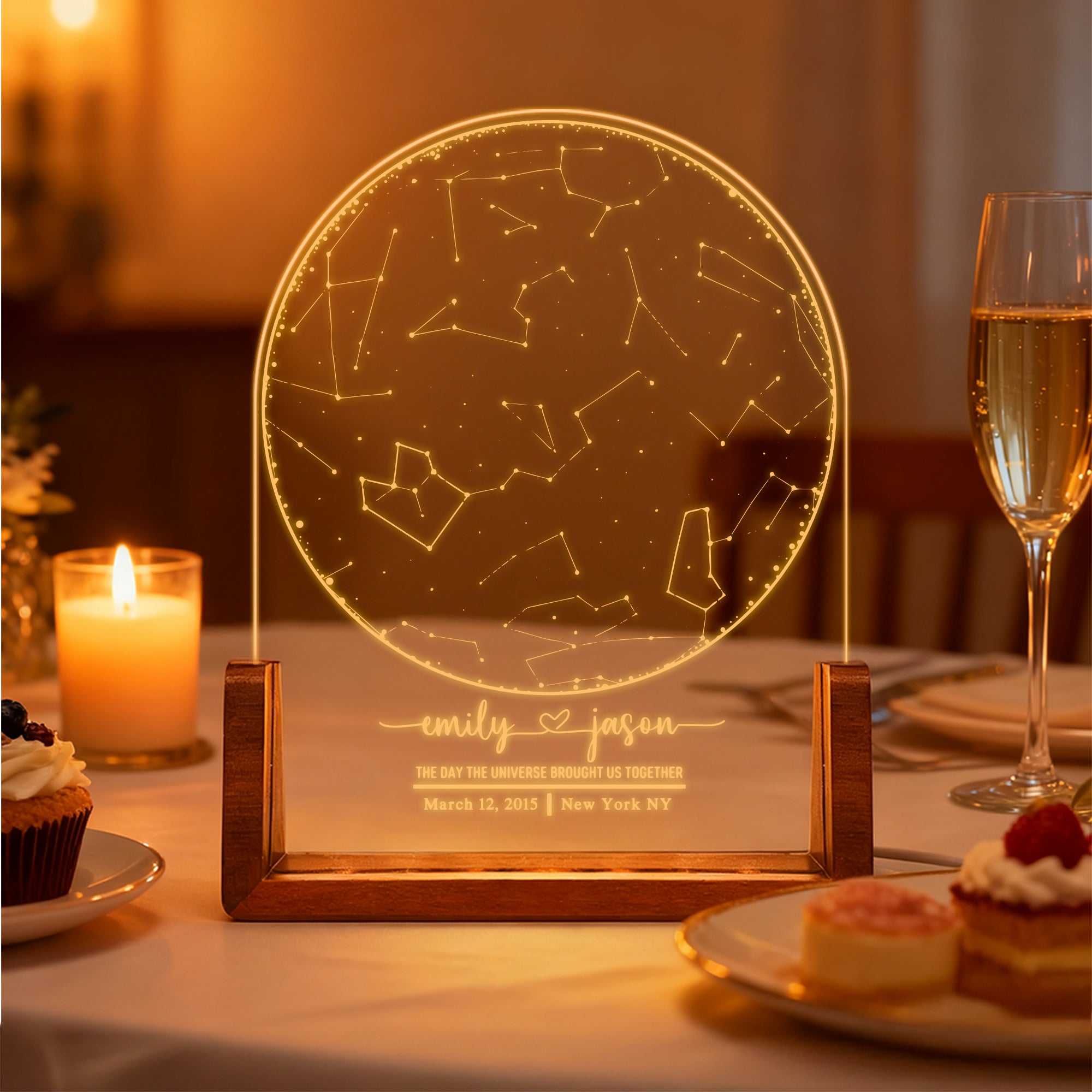 Mapa de estrellas personalizado Luz de noche LED acrílica con texto y base de madera Cumpleaños Boda Aniversario Regalo de Navidad para la familia Pareja