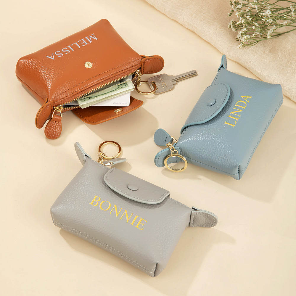 Mini Monedero Portátil de Piel Personalizado con Texto y Llavero Regalo de Cumpleaños de Novia para Mujer