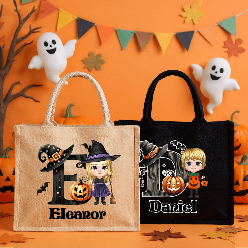 Personalizada Lindo Murciélago Caricatura Calabaza Bolsa de Gran Capacidad con Nombre e Inicial Fiesta de Halloween Regalo para Niños